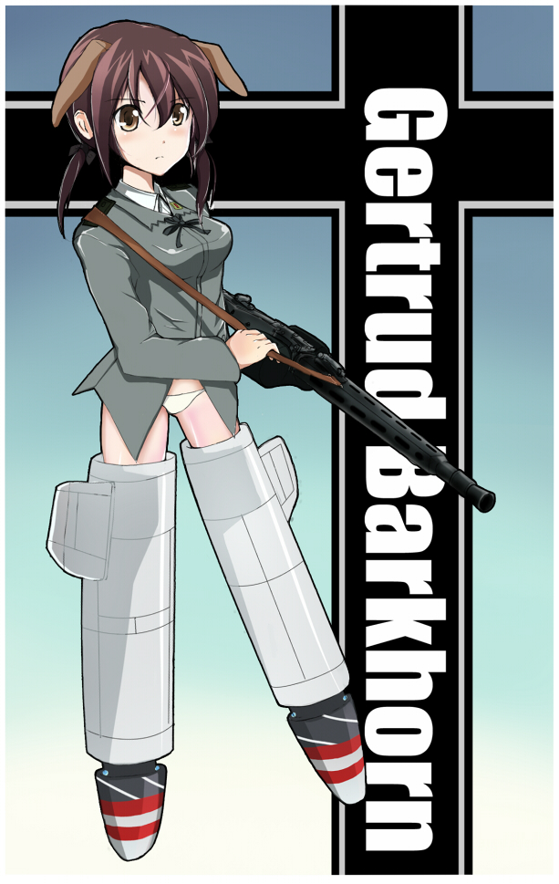 gertrud barkhorn, strike witches, world witches series, 00s, 1girl, female focus, gun, machine gun, mg42, panties, solo, striker unit, underwear, weapon