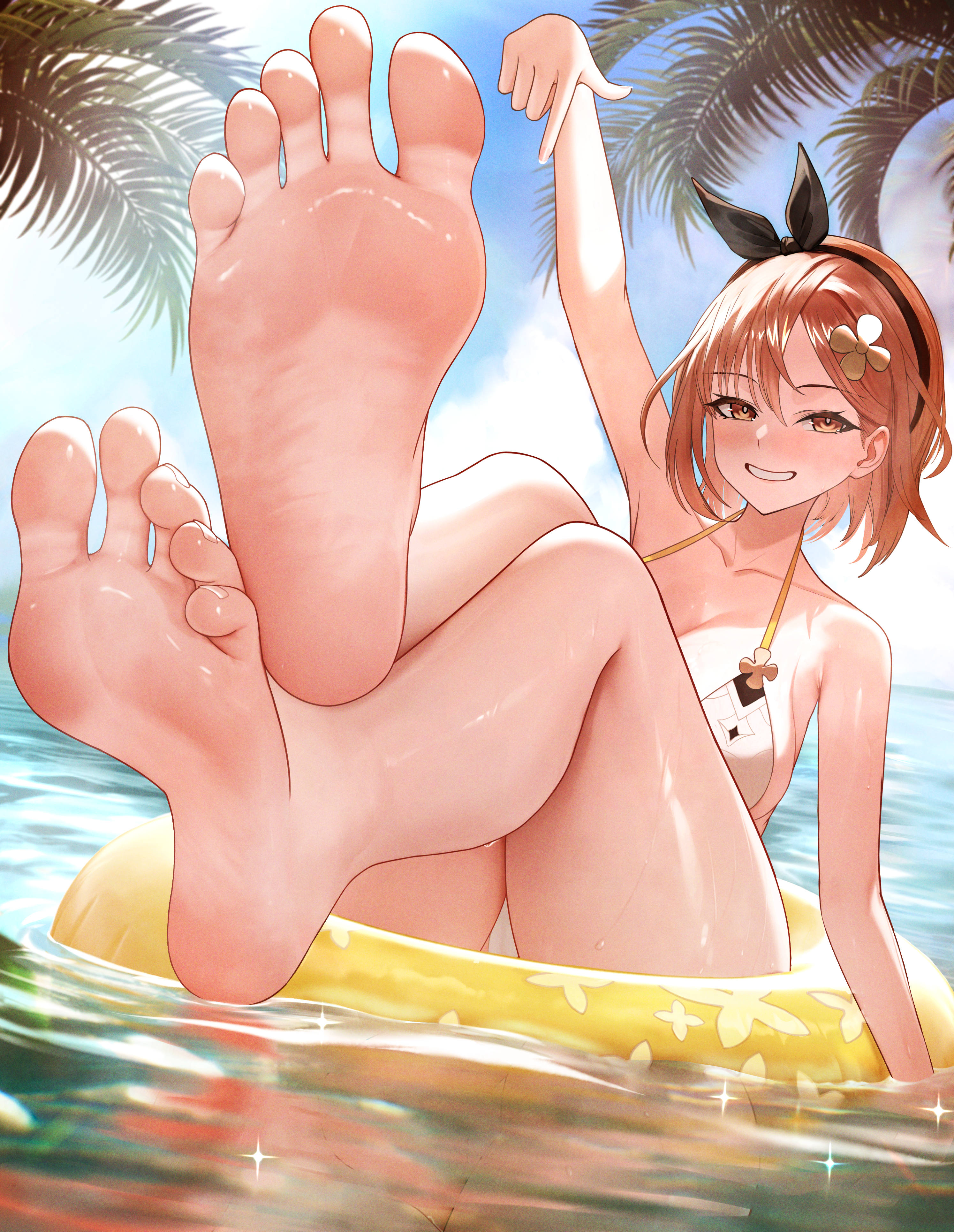 ursica, reisalin stout, atelier (series), atelier ryza, absurdres, highres, 1girl, barefoot, bikini, black hairband, breasts, brown eyes, brown hair, clover hair ornament, crossed ankles, feet, foot focus, hair between eyes, hair ornament, hairband, large breasts, legs, looking at viewer, on innertube, outdoors, palm tree, pointing, pointing down, reflection, reflective water, short hair, smile, soles, solo, swim ring, swimsuit, thick thighs, thighs, toenails, toes up, tree, water, wet, white bikini