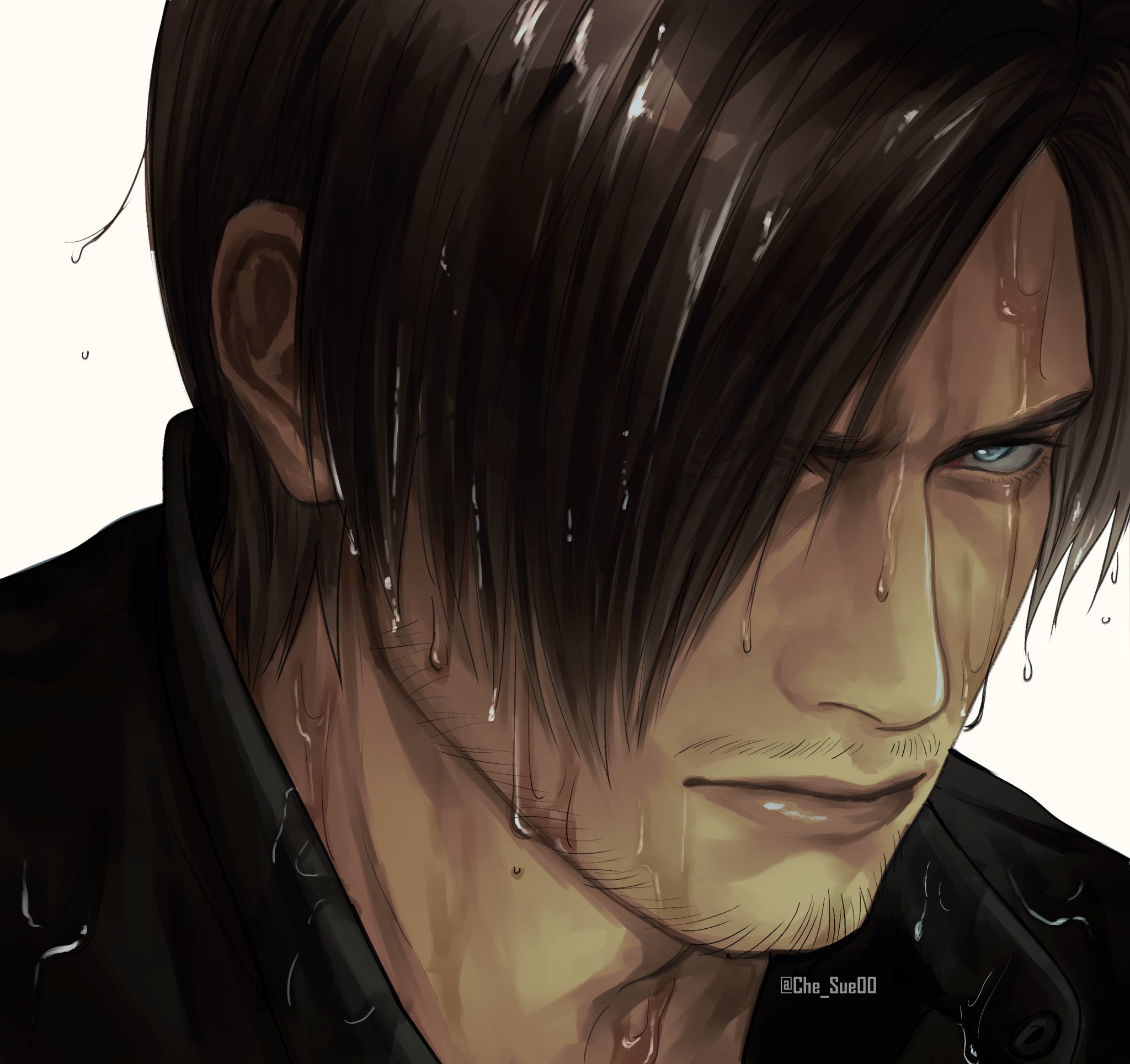 leon s. kennedy, resident evil, commentary, english commentary, highres, black shirt, blue eyes, brown hair, che sue00, facial hair, goatee, hair over one eye, lips, looking at viewer, one eye covered, parted hair, portrait, shirt, short hair, simple background, twitter username, wet, wet hair, white background
