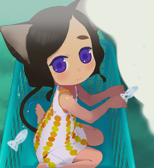 ichikawa, animal ears, basket, cat ears, cat tail, dress, fish, smile, solo, tail