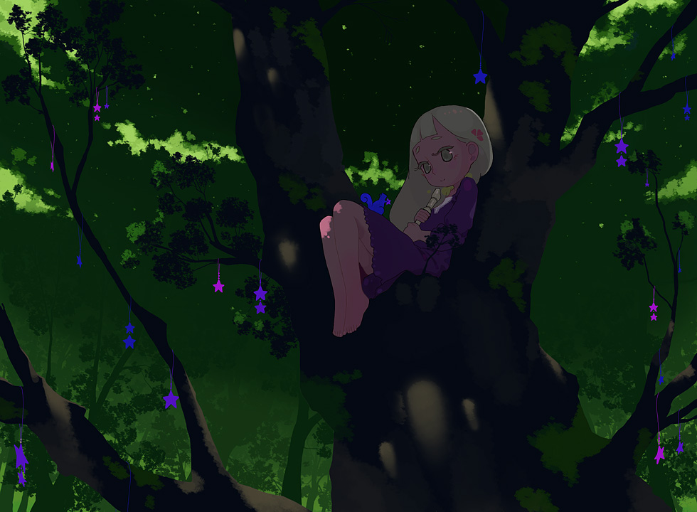 ichikawa, barefoot, dark, dress, flute, instrument, recorder, scenery, sitting, solo, squirrel, star (symbol), tree