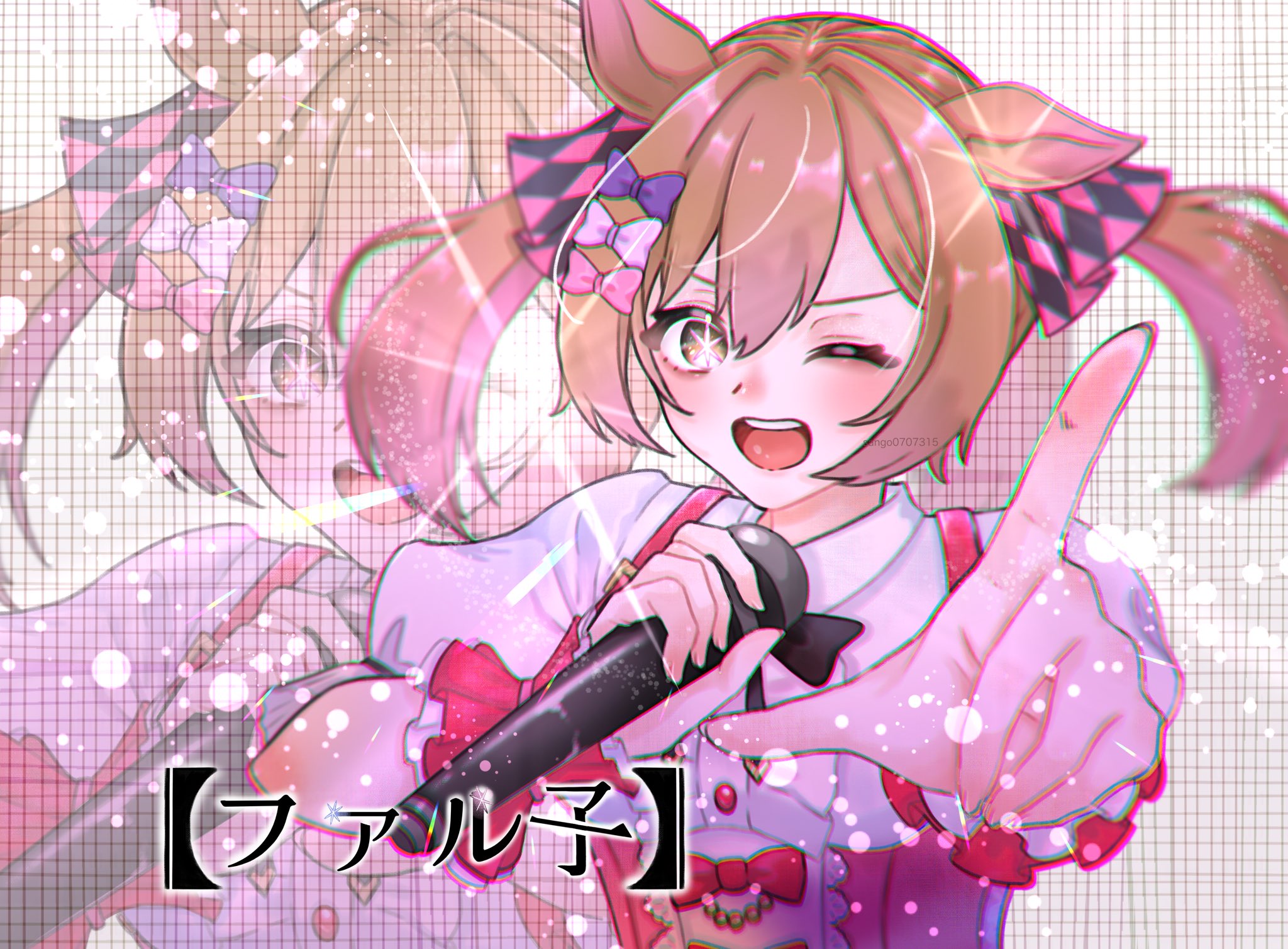 sango0707315, smart falcon (umamusume), oshi no ko, umamusume, highres, 1girl, black bow, black bowtie, blue bow, bow, bowtie, copyright name, corset, hair bow, medium hair, microphone, multicolored hair, one eye closed, open mouth, orange hair, pink bow, pink corset, pink hair, scene reference, shirt, solo, streaked hair, suspenders, twintails, white bow, white shirt