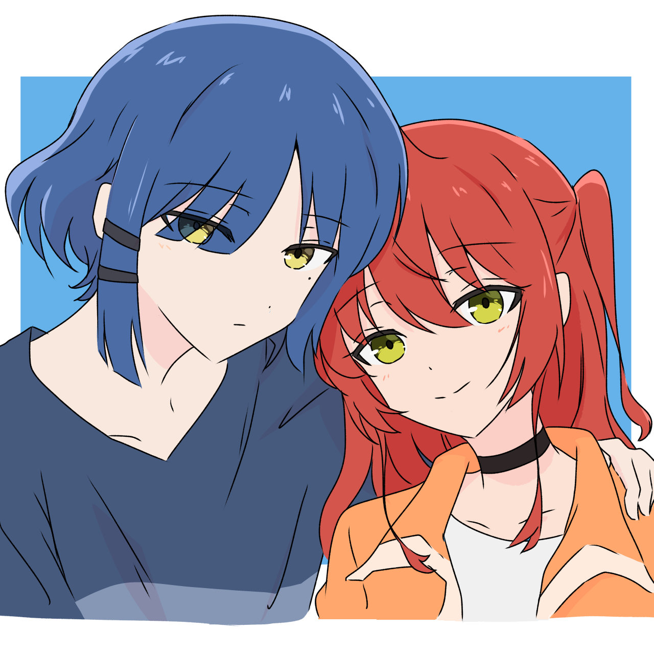 kita ikuyo, yamada ryo, bocchi the rock!, highres, 2girls, amnsyr, arm around shoulder, black choker, blue hair, blush, choker, eyelashes, eyes visible through hair, hair between eyes, hair ornament, hair over one eye, hand on another's head, head on another's shoulder, long hair, long sleeves, looking at viewer, mole, mole under eye, multiple girls, one side up, red hair, shirt, short hair, simple background, smile, white shirt, yellow eyes