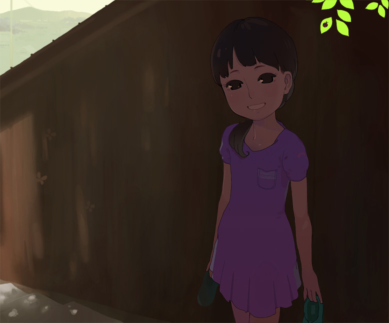 ichikawa, wall, child, dress, grin, scenery, shoes, smile, solo