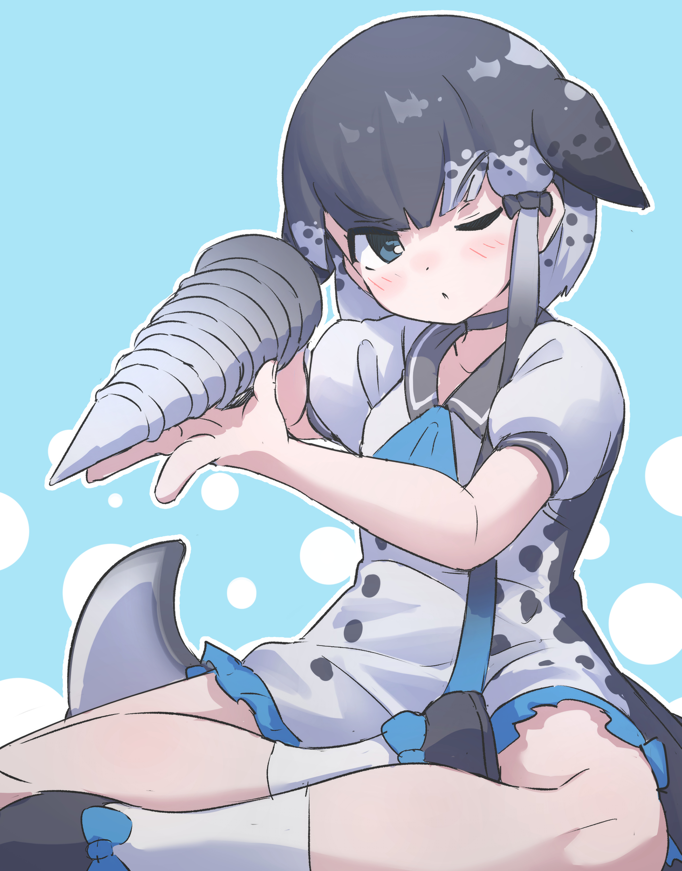 lowlandgorilla, narwhal (kemono friends), kemono friends, absurdres, highres, 1girl, black bow, black shoes, blue bow, blue eyes, blue neckerchief, blush, bow, cetacean tail, choker, crossed legs, dress, fins, fish tail, footwear bow, frilled dress, frills, grey choker, grey dress, grey hair, hair bow, head fins, multicolored hair, narwhal girl, neckerchief, one eye closed, polearm, puffy short sleeves, puffy sleeves, sailor collar, sailor dress, shoes, short hair, short hair with long locks, short sleeves, sitting, socks, solo, spear, tail, two-tone dress, two-tone hair, weapon, white socks