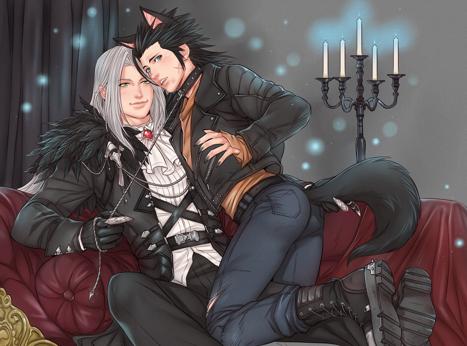 crylin6, sephiroth, sephiroth (dark harbinger), zack fair, zack fair (black hound), final fantasy, final fantasy vii, final fantasy vii ever crisis, highres, 2boys, animal collar, animal ears, aqua eyes, ascot, black boots, black gloves, black hair, black jacket, black nails, black pants, boots, candlestand, closed mouth, collar, couch, cross scar, curtains, dog boy, dog ears, dog tail, facial scar, feather-trimmed jacket, feather trim, fingernails, gem, gloves, green eyes, grey hair, hair slicked back, holding, holding leash, jacket, kemonomimi mode, leash, leather, leather jacket, long hair, medium hair, multiple boys, official alternate costume, orange shirt, pants, parted bangs, parted lips, red gemstone, scar, scar on cheek, scar on face, sharp fingernails, shirt, sideburns, slit pupils, smile, tail, white ascot, white shirt, yaoi