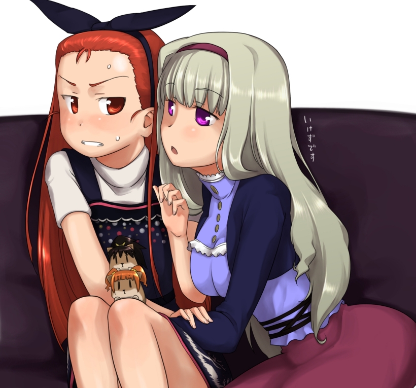 ttomm, minase iori, shijou takane, idolmaster, idolmaster (classic), idolmaster 1, 00s, 2girls, hairband, hamster, long hair, multiple girls, sitting, sweatdrop, yuri