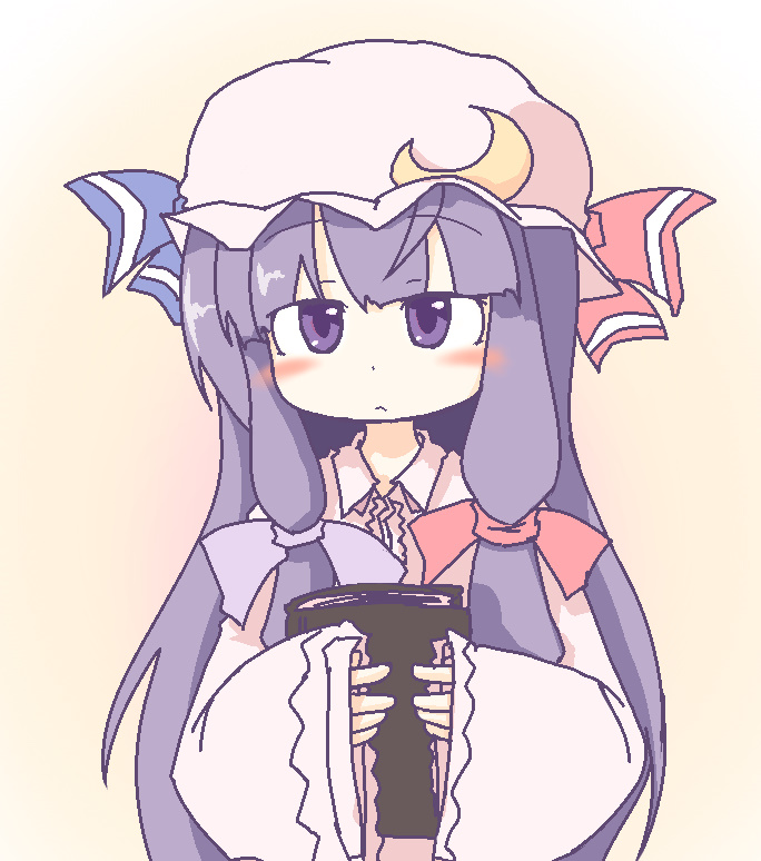 tamute (2580rs), patchouli knowledge, touhou, 1girl, book, crescent, crescent hat ornament, female focus, gradient background, hair ribbon, hat, hat ornament, hat ribbon, long hair, purple eyes, purple hair, ribbon, solo