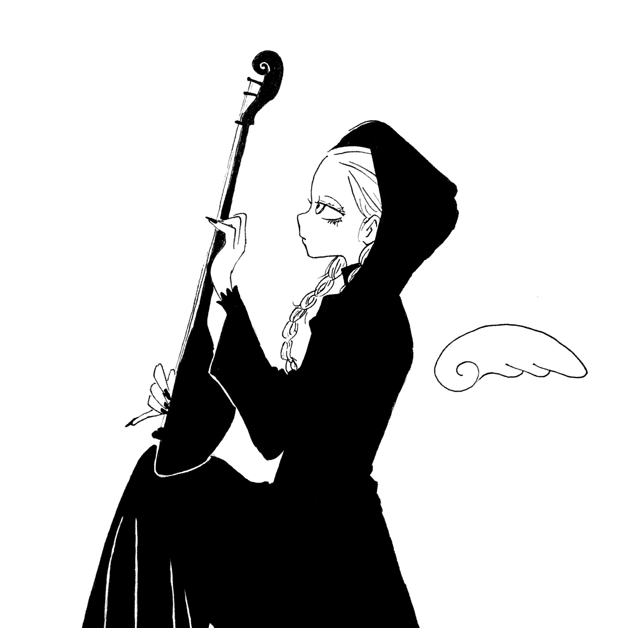 shi (yotsuhaka), original, highres, 1girl, balalaika (instrument), braid, detached wings, dress, expressionless, fingernails, hood, instrument, long fingernails, long hair, monochrome, music, playing instrument, profile, solo, twin braids, wings