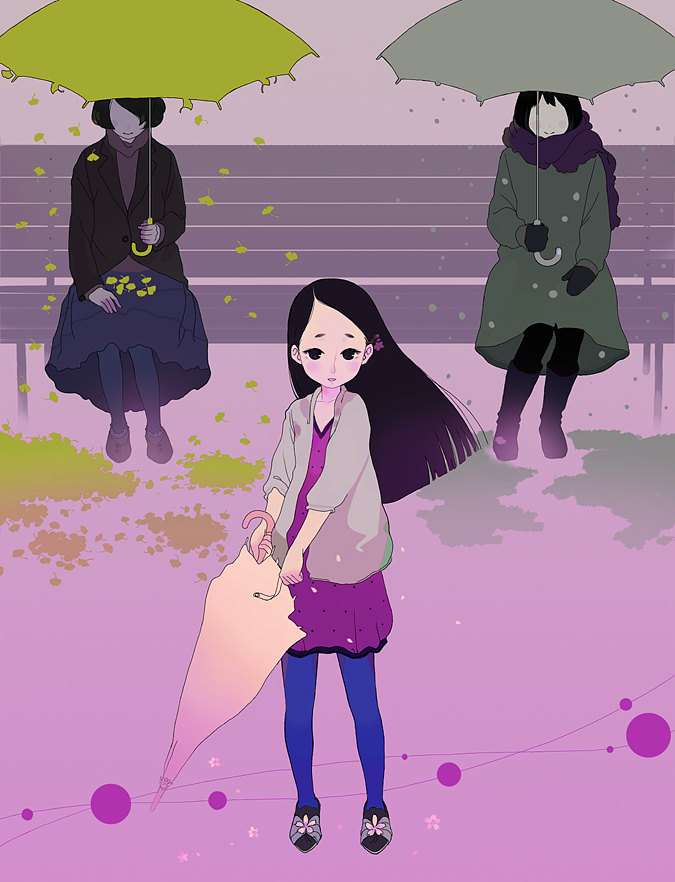 ichikawa, 3girls, bench, black hair, blue pantyhose, child, leaf, long hair, multiple girls, pantyhose, snow, surreal, umbrella