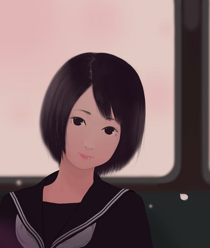 ichikawa, 1girl, black eyes, black hair, female focus, school uniform, serafuku, short hair, solo, train, train interior