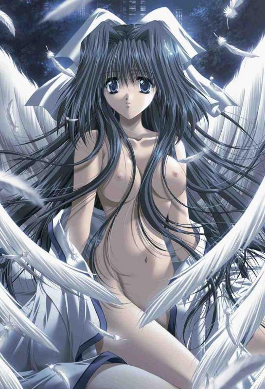 jpeg artifacts, 1girl, angel, black hair, blue eyes, breasts, feathers, female focus, large breasts, long hair, nipples, nude, ribbon, solo, white ribbon, wings