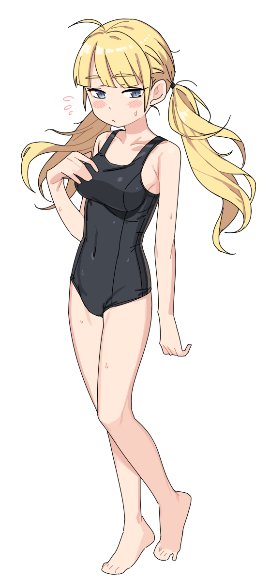 saiste, original, highres, 1girl, ahoge, barefoot, black one-piece swimsuit, blonde hair, blue eyes, blush, breasts, covered navel, expressionless, full body, long hair, looking at viewer, medium breasts, one-piece swimsuit, solo, swimsuit, twintails, wet