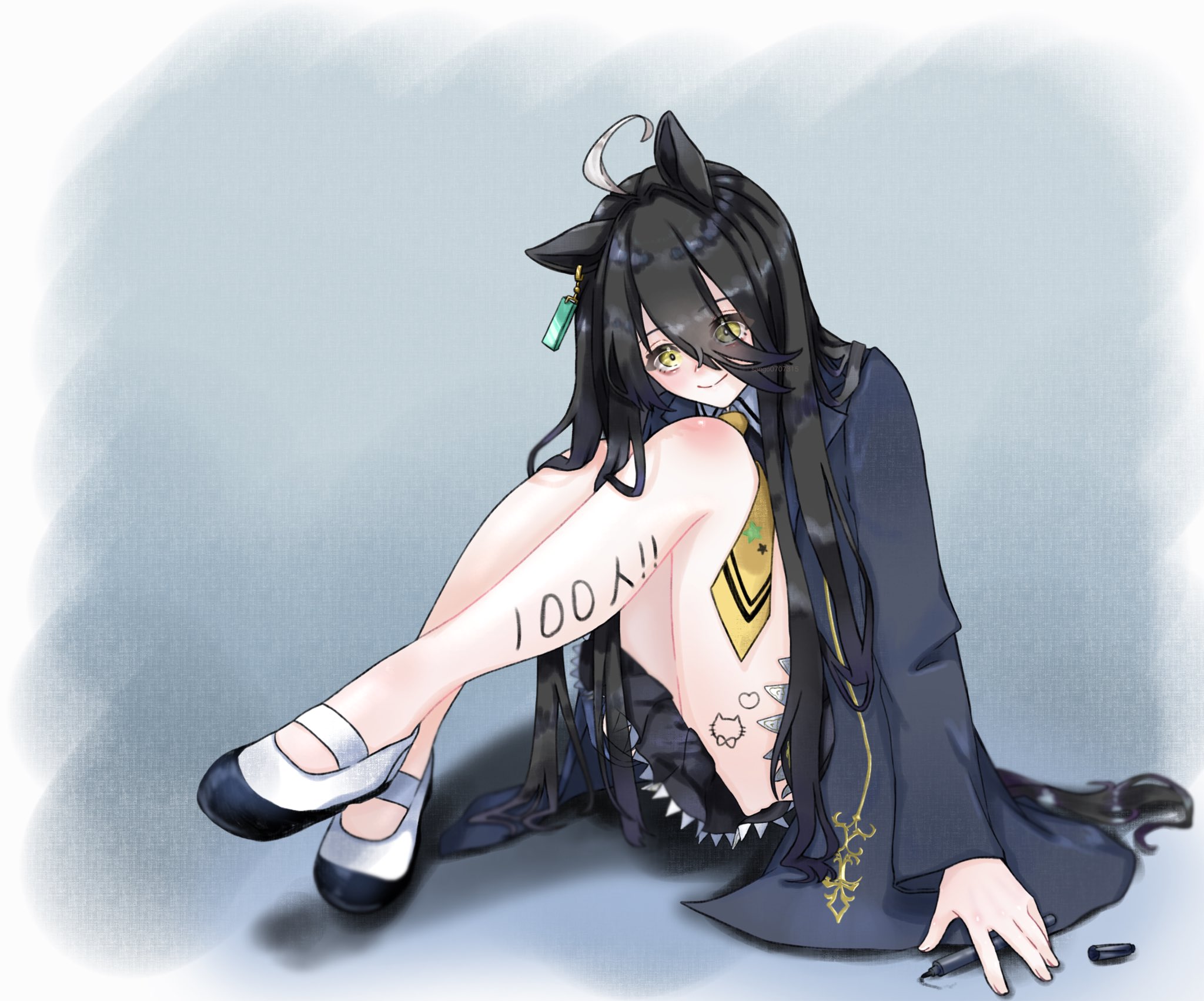 sango0707315, manhattan cafe (creeping black) (umamusume), manhattan cafe (umamusume), umamusume, highres, 1girl, animal ears, black coat, black skirt, body writing, closed mouth, coat, ear ornament, ear tag, earrings, hair between eyes, hair tubes, holding, holding pen, horse ears, horse girl, jewelry, long bangs, long hair between eyes, long sleeves, milestone celebration, necktie, pen, pleated skirt, shirt, shoes, single earring, skirt, smile, solo, split mouth, thighs, white shirt, white shoes, yellow necktie