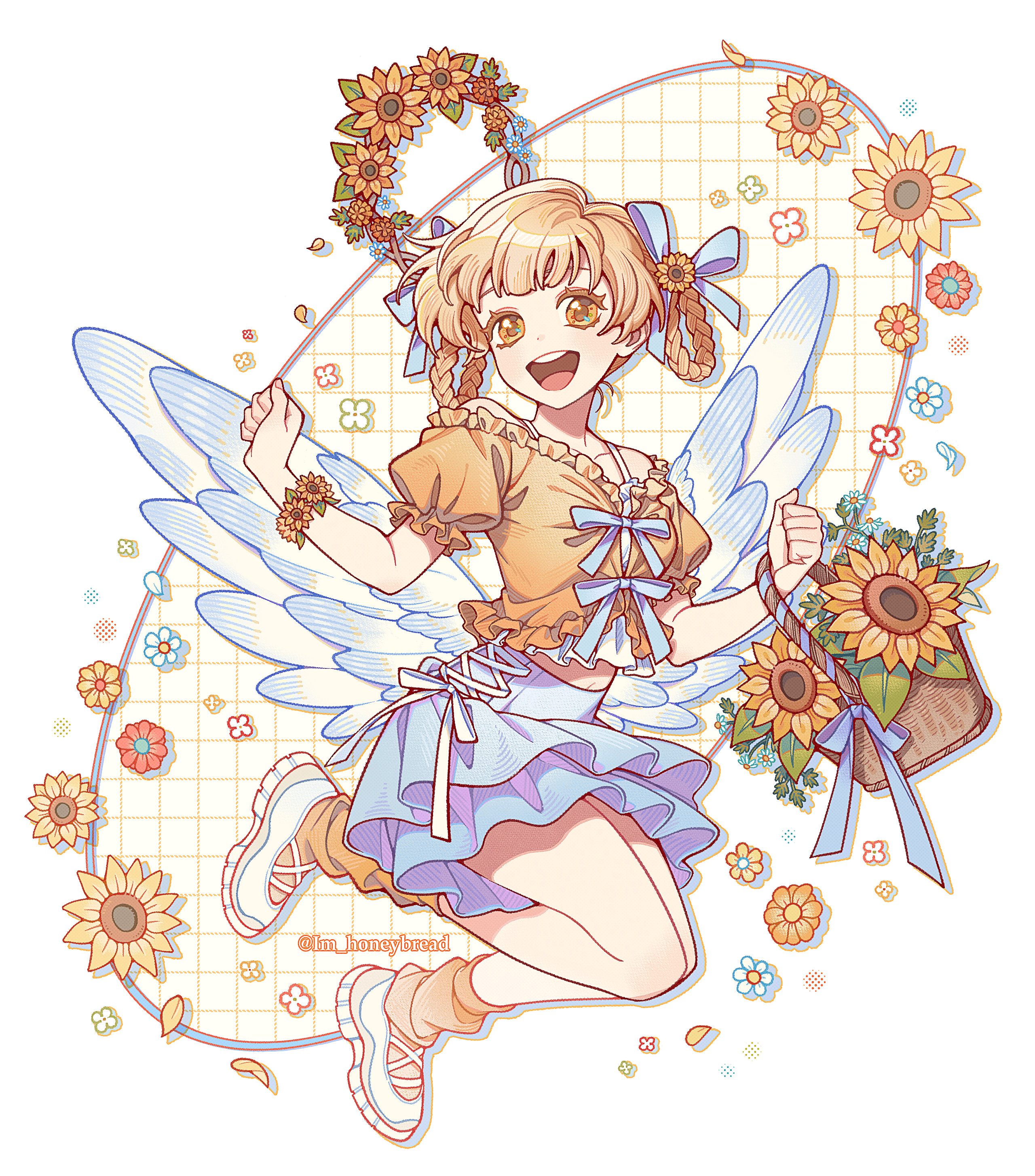 im honeybread, original, absurdres, commentary request, highres, 1girl, :d, angel, angel wings, basket, blonde hair, blue ribbon, blue skirt, blue wings, braid, braided hair rings, feathered wings, flower, full body, hair ribbon, hair rings, holding, holding basket, off-shoulder shirt, off shoulder, open mouth, ribbon, shirt, shoes, short hair, short sleeves, skirt, smile, socks, solo, sunflower, teeth, upper teeth only, white background, white shoes, wings, yellow eyes, yellow shirt, yellow socks