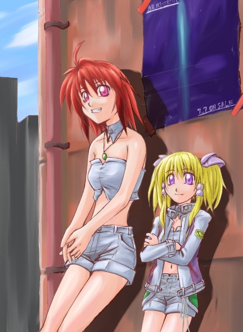 ibis douglas, irui guneden, banpresto, super robot wars, super robot wars alpha, the 2nd super robot wars alpha, bare shoulders, blonde hair, midriff, purple eyes, red eyes, red hair, short shorts, shorts