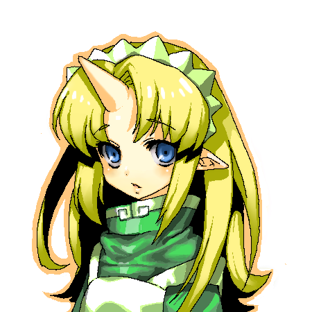 hizuki akira, bad id, bad pixiv id, lowres, 1girl, blonde hair, blue eyes, female focus, horns, long hair, orange outline, outline, pointy ears, single horn, solo