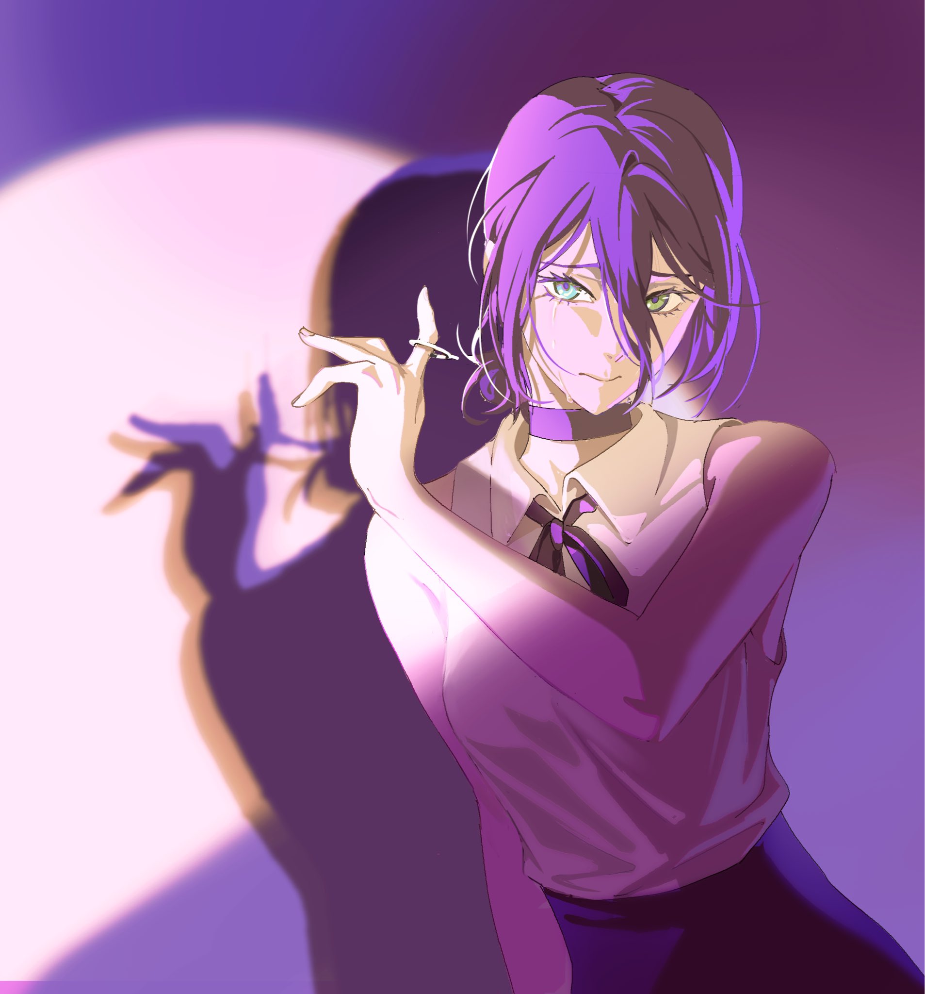 kanknive, reze (chainsaw man), chainsaw man, highres, 1girl, bare arms, bare shoulders, black choker, black ribbon, black shorts, breasts, choker, closed mouth, collared shirt, crying, green eyes, grenade pin, hair between eyes, hair bun, looking at viewer, medium breasts, medium hair, neck ribbon, purple hair, ribbon, shirt, shorts, simple background, sleeveless, sleeveless shirt, solo, tears, updo, upper body, white shirt