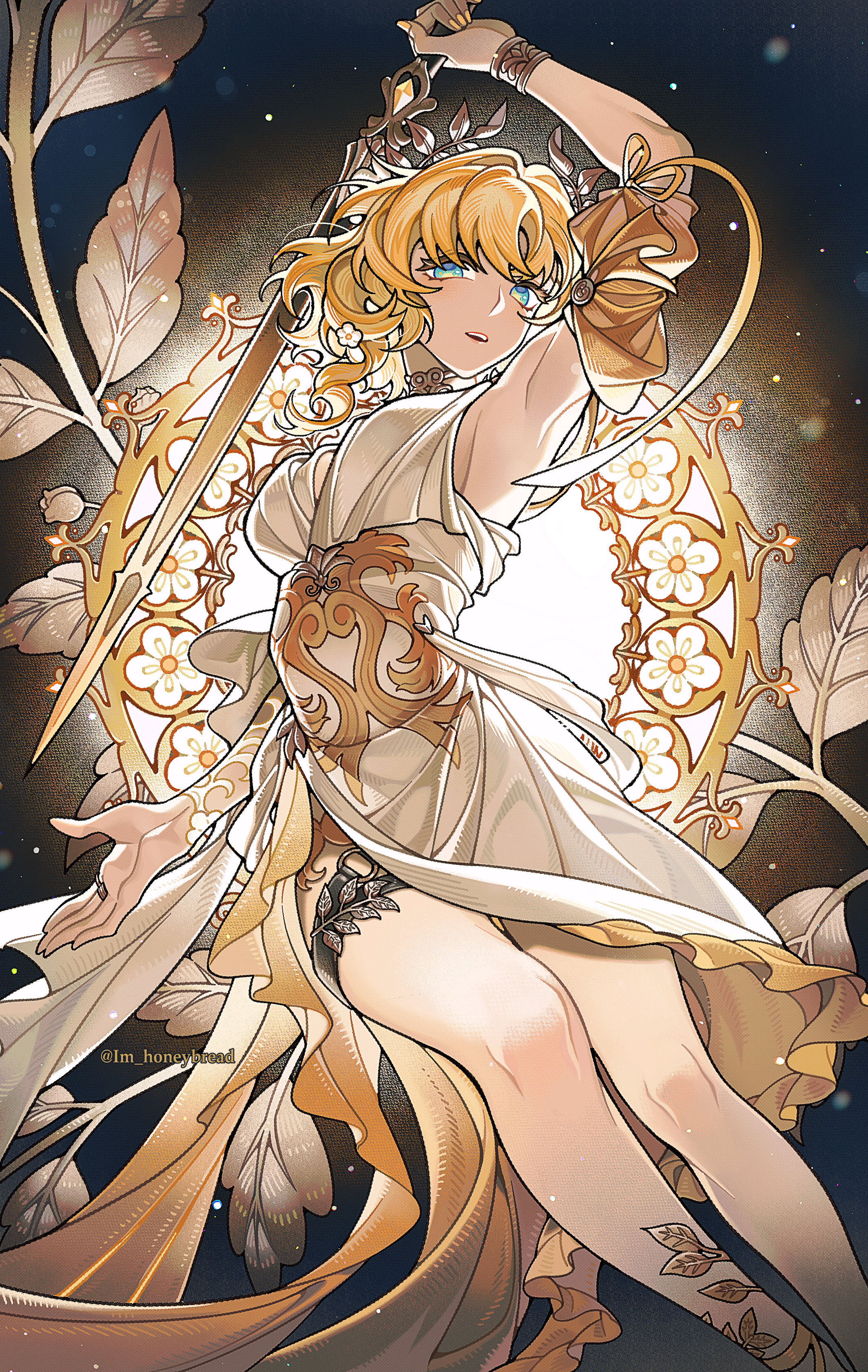 im honeybread, aglaea (honkai: star rail), honkai: star rail, honkai (series), absurdres, commentary request, highres, 1girl, arm up, blonde hair, blue eyes, breasts, dress, feet out of frame, holding, holding sword, holding weapon, large breasts, open mouth, short hair, sleeveless, sleeveless dress, solo, sword, twitter username, weapon, white dress