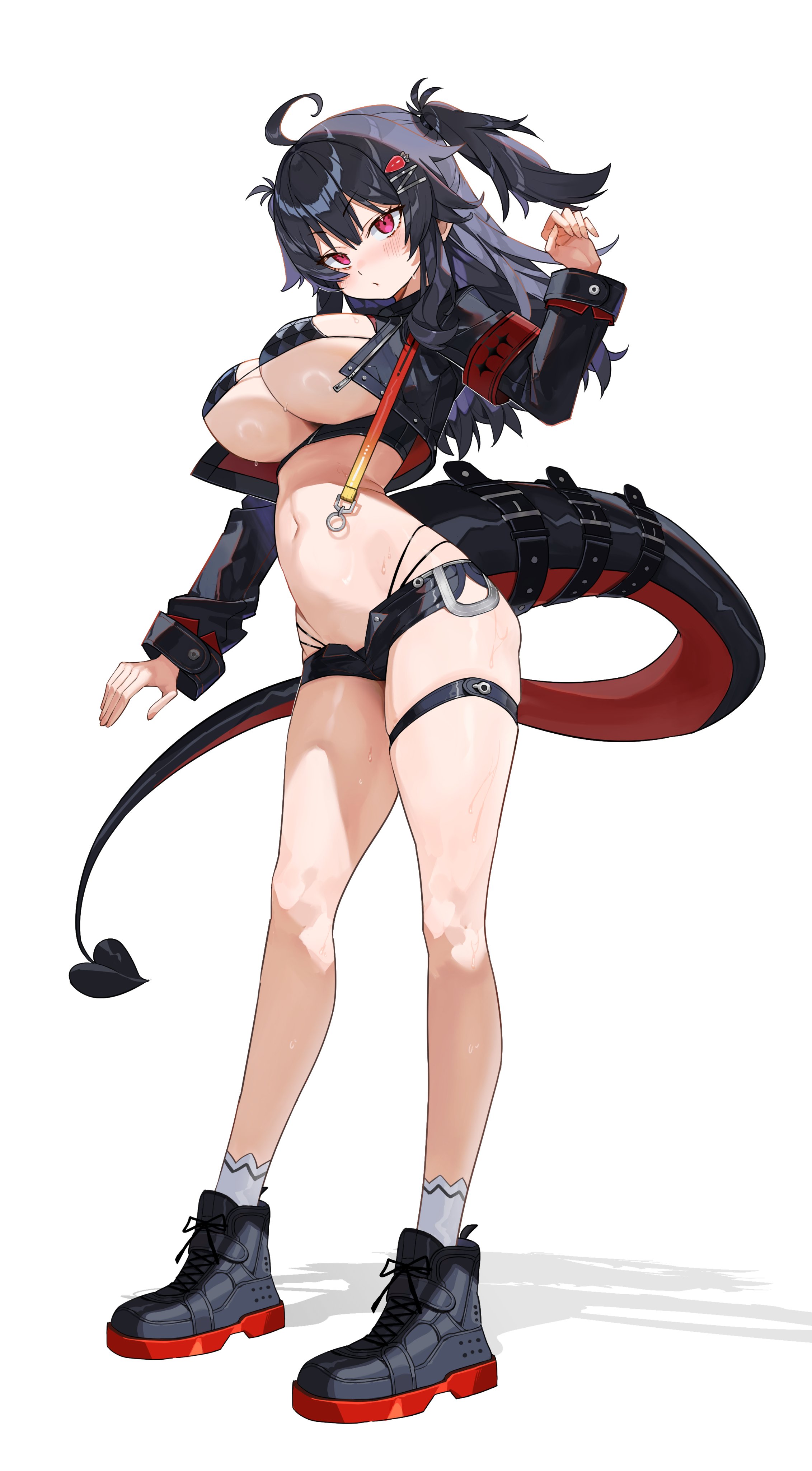 lastation14, original, absurdres, highres, 1girl, ahoge, arm up, armband, bikini, black bikini, black hair, black jacket, black shoes, black shorts, blush, breasts, cropped jacket, full body, hair between eyes, hair ornament, heart, heart tail, huge breasts, jacket, legs, long hair, long sleeves, looking at viewer, micro shorts, multi-strapped bikini bottom, navel, open clothes, open jacket, open shorts, red armband, red eyes, red shoes, shadow, shoes, shorts, simple background, sneakers, socks, solo, standing, stomach, sweat, sweatdrop, swimsuit, tachi-e, tail, tail belt, thigh strap, thighs, white background, white socks, x hair ornament