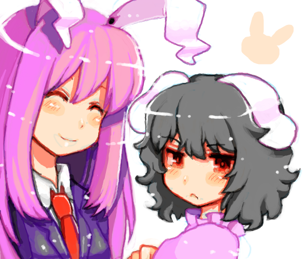 hizuki akira, inaba tewi, reisen udongein inaba, touhou, bad id, bad pixiv id, 2girls, animal ears, black hair, closed eyes, female focus, long hair, multiple girls, necktie, oekaki, pout, purple hair, rabbit ears, red eyes, red necktie, short hair, smile, upper body