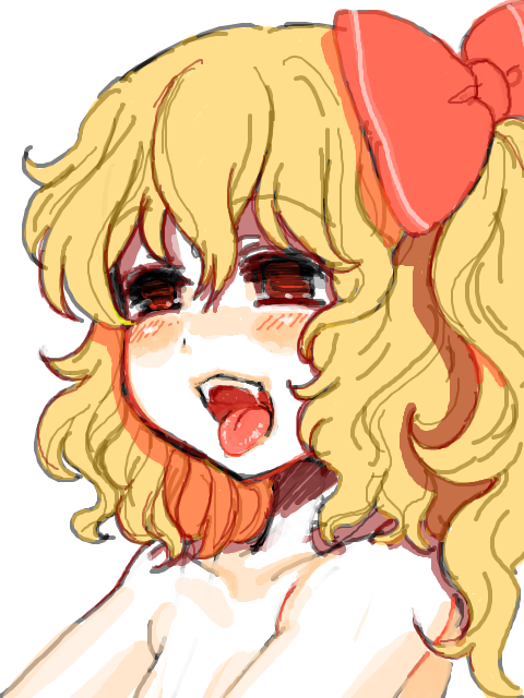 hizuki akira, flandre scarlet, touhou, bad id, bad pixiv id, 1girl, blonde hair, blush, fangs, female focus, hair ribbon, nude, oekaki, open mouth, red eyes, ribbon, short hair, smile, solo, tongue
