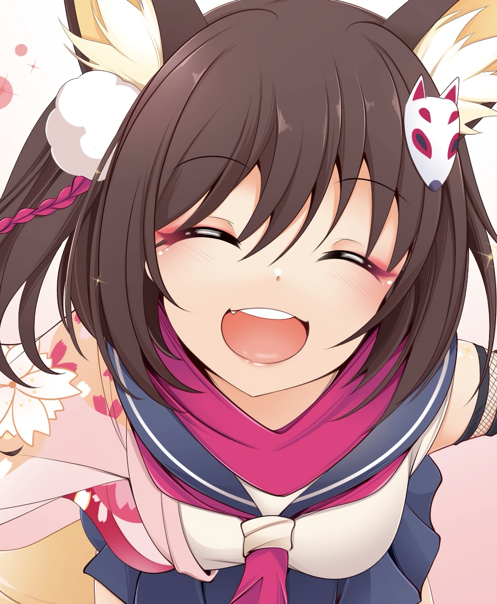 kagayai akira, izuna (blue archive), blue archive, commentary request, highres, partial commentary, 1girl, animal ear fluff, animal ears, breasts, brown hair, closed eyes, eyeshadow, fox ears, fox girl, fox tail, makeup, medium breasts, neckerchief, open mouth, pink neckerchief, pleated skirt, pom pom (clothes), red eyeshadow, sailor collar, skirt, smile, solo, tail