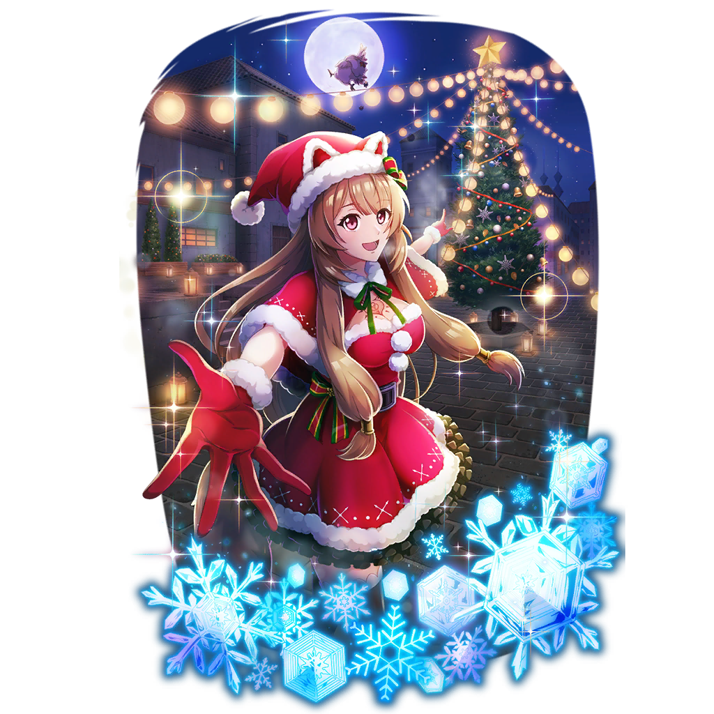 raphtalia, tate no yuusha no nariagari, tate no yuusha no nariagari rerise, artist request, game cg, official art, 1girl, :d, animal ear headwear, belt, black belt, blunt bangs, breasts, brick floor, brown hair, cape, capelet, chest tattoo, christmas, christmas ornaments, christmas tree, city, cleavage, cowboy shot, dress, eyelashes, fake animal ears, filolial, frilled dress, frills, full body, fur-trimmed cape, fur-trimmed capelet, fur-trimmed dress, fur-trimmed gloves, fur trim, gloves, green ribbon, hat, light particles, long hair, looking at viewer, lower teeth only, metal hair tubes, neck ribbon, night, night sky, official alternate costume, open mouth, outstretched arms, pink eyes, pointing, pointing at object, pom pom (clothes), red capelet, red dress, red gloves, red hat, ribbon, santa costume, santa dress, santa hat, short dress, simple background, sky, sleeveless, sleeveless dress, smile, snowflakes, solo, sparkle, star (sky), starry sky, straight hair, strapless, strapless dress, tattoo, teeth, tongue, transparent background