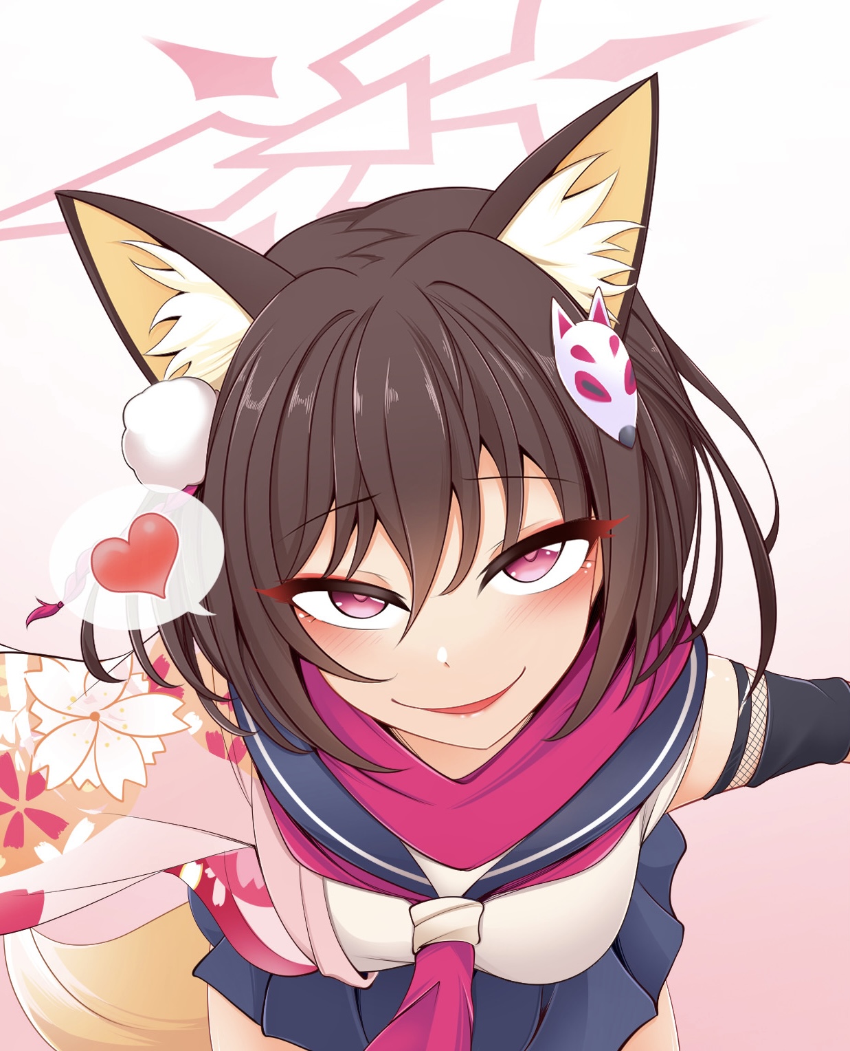 kagayai akira, akira (blue archive), izuna (blue archive), blue archive, commentary request, highres, partial commentary, 1girl, animal ear fluff, animal ears, blush, breasts, brown hair, closed eyes, cosplay, evil smile, eyeshadow, fox ears, fox girl, fox tail, izuna (blue archive) (cosplay), looking at viewer, makeup, medium breasts, neckerchief, open mouth, parted lips, pink eyes, pink neckerchief, pleated skirt, pom pom (clothes), red eyeshadow, sailor collar, skirt, smile, solo, tail