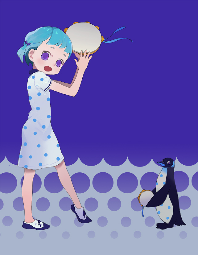 ichikawa, calpis-tan, bird, blue hair, child, dress, happy, instrument, penguin, polka dot, purple eyes, solo, tambourine