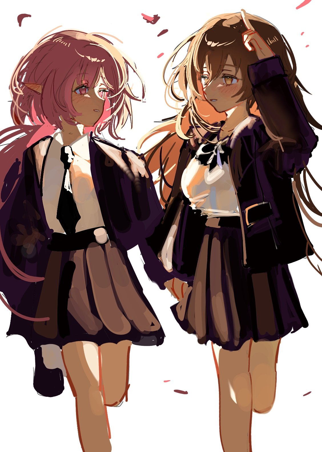 ko (assd 009), eden (honkai impact), elysia (honkai impact), honkai (series), honkai impact 3rd, hashtag-only commentary, highres, 2girls, alternate costume, black skirt, breasts, brown hair, coat, holding hands, long hair, medium breasts, multiple girls, pink hair, purple coat, purple eyes, school uniform, shirt, simple background, skirt, very long hair, white background, white shirt, yellow eyes, yuri