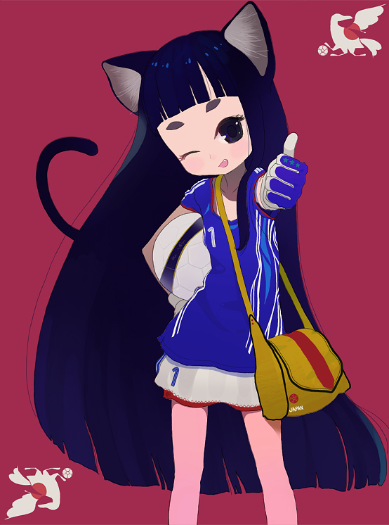 ichikawa, 1girl, animal ears, bag, ball, bird, cat ears, cat tail, clothes writing, female focus, gloves, one eye closed, skirt, soccer, soccer ball, solo, sportswear, tail, thumbs up, wink