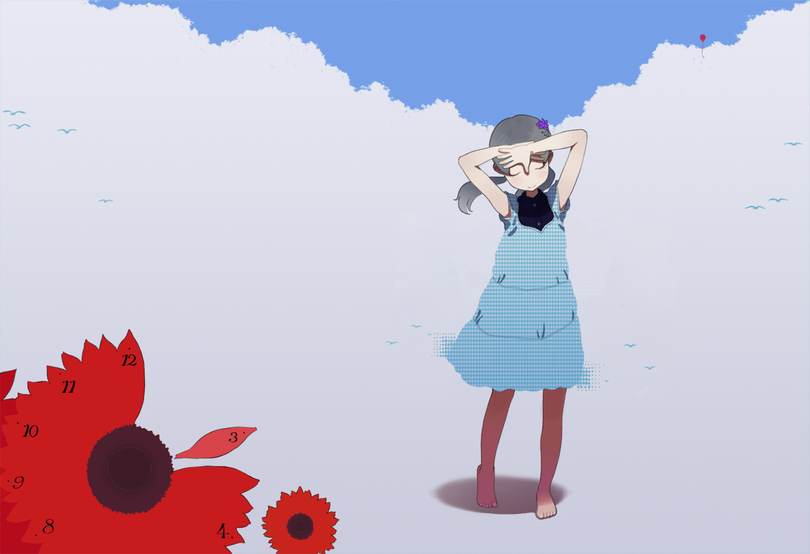 ichikawa, balloon, barefoot, bird, clock, cloud, dress, feet, flower, sky, solo