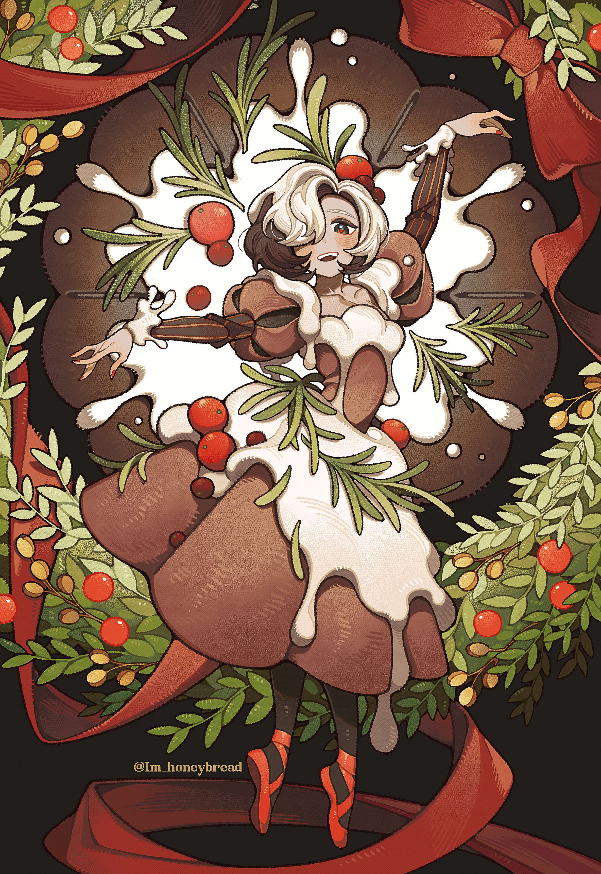 im honeybread, original, absurdres, commentary request, highres, 1girl, :d, ballet slippers, black hair, black pantyhose, blush, brown dress, cherry, dress, food, fruit, full body, hair over one eye, juliet sleeves, leaf, long sleeves, looking at viewer, multicolored hair, nail polish, open mouth, pantyhose, puffy sleeves, red eyes, red nails, red shoes, shoes, short hair, smile, solo, standing, teeth, tiptoes, twitter username, two-tone hair, upper teeth only, white hair