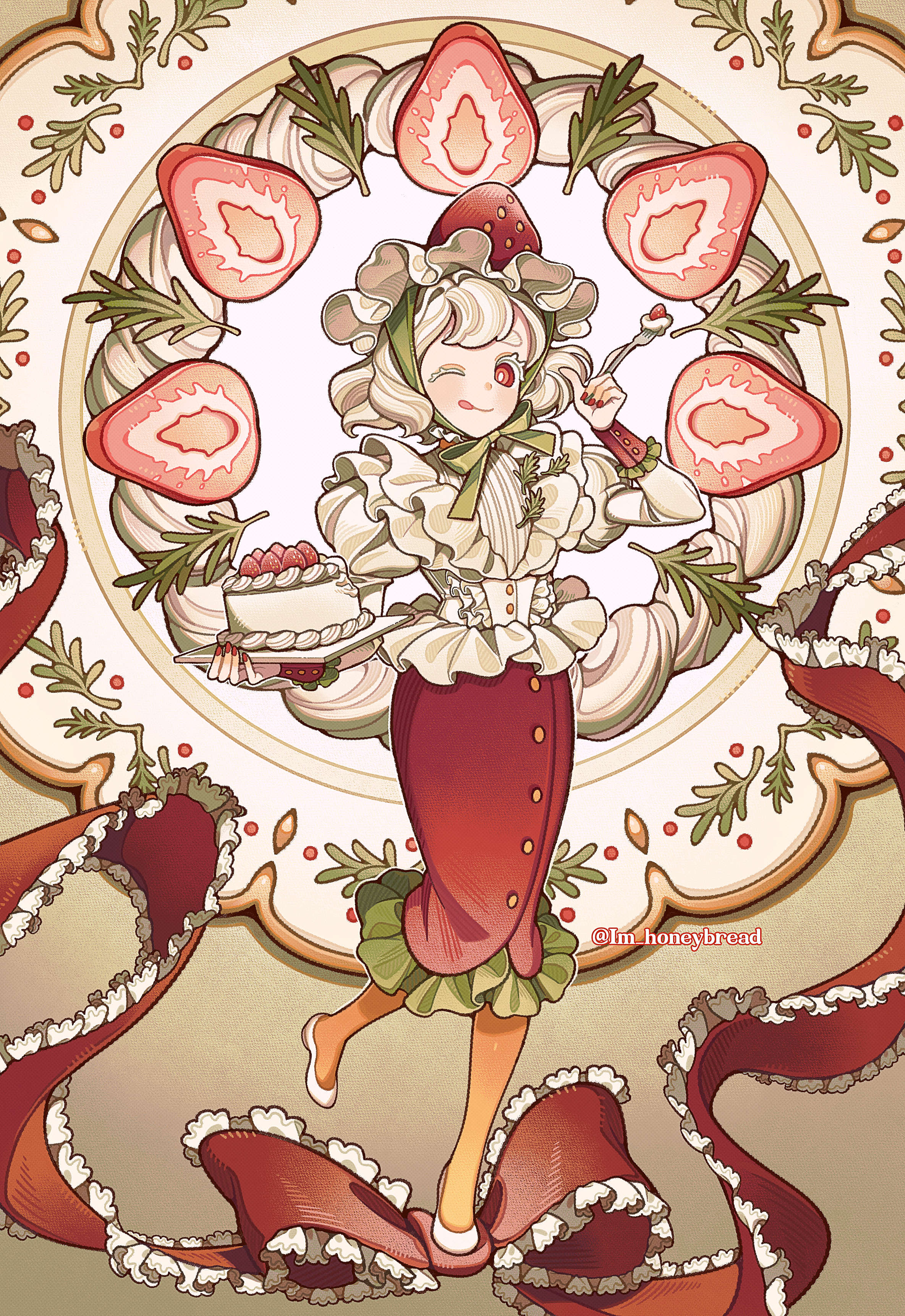 im honeybread, original, absurdres, commentary request, highres, 1girl, ;p, blush, cake, closed mouth, food, fork, frilled skirt, frills, fruit, full body, holding, holding fork, holding plate, juliet sleeves, long sleeves, looking at viewer, one eye closed, orange pantyhose, pantyhose, plate, puffy sleeves, red eyes, red ribbon, red skirt, ribbon, shirt, shoes, short hair, skirt, smile, solo, standing, standing on one leg, strawberry, tongue, tongue out, twitter username, white hair, white shirt, white shoes