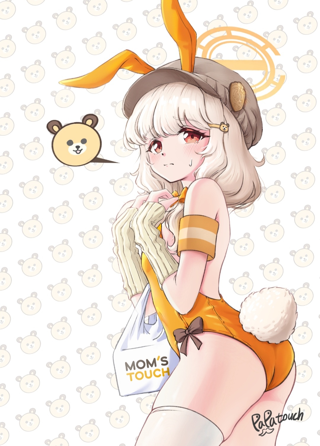 papatouch, aoba (blue archive), blue archive, highres, 1girl, alternate costume, animal ears, armband, ass, bag, blush, detached collar, detached sleeves, fake animal ears, hair ornament, hairclip, halo, hat, leotard, long hair, looking at viewer, orange eyes, orange leotard, playboy bunny, rabbit ears, rabbit tail, red eyes, shopping bag, solo, strapless, strapless leotard, tail, thighhighs, white thighhighs