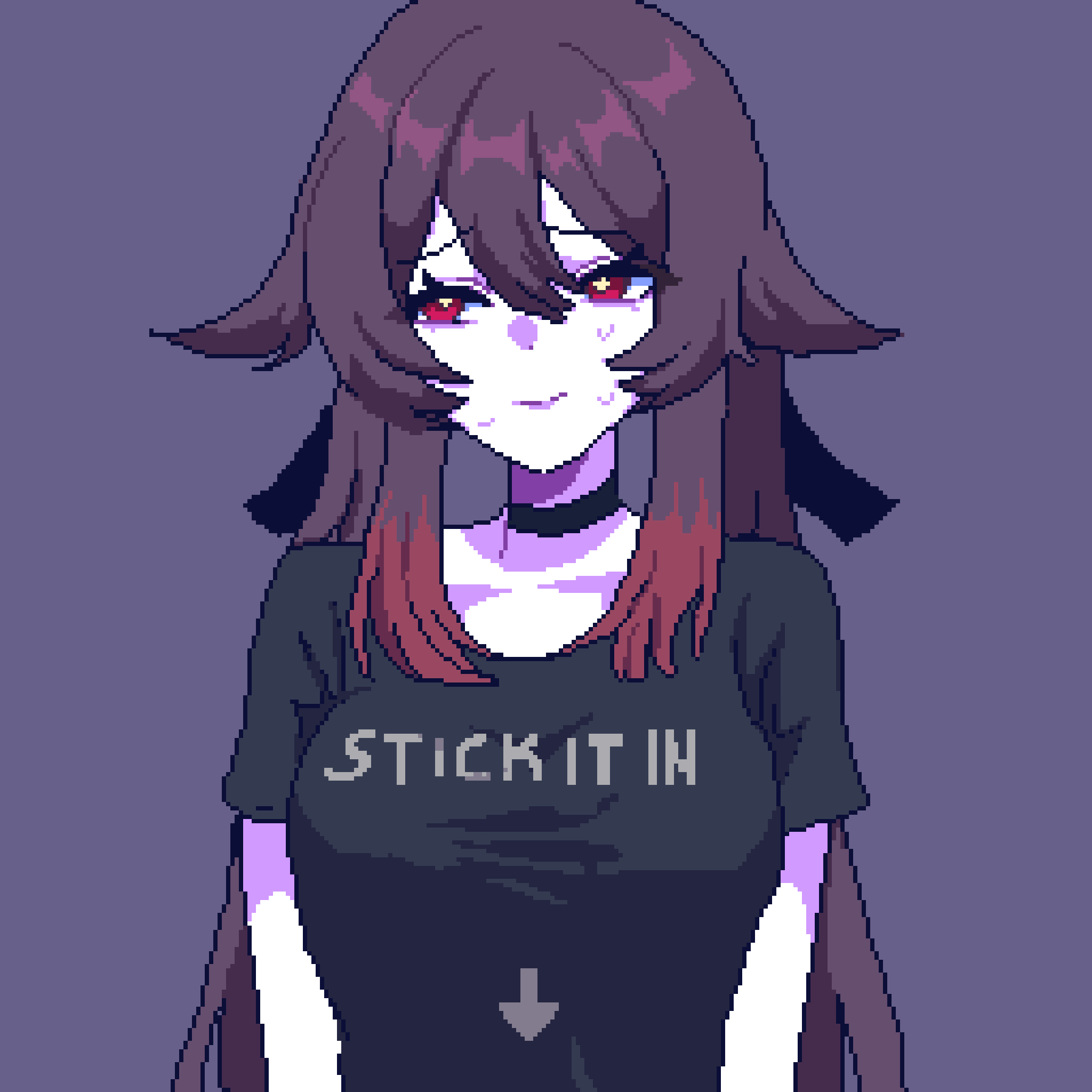 pixelcadete, hu tao (genshin impact), genshin impact, commentary, hashtag-only commentary, highres, 1girl, arrow (symbol), averting eyes, black choker, black shirt, breasts, brown hair, choker, closed mouth, clothes writing, double-parted bangs, english text, facing viewer, fuck-me shirt, grey background, hair between eyes, long hair, looking up, medium breasts, nervous sweating, pixel art, raised inner eyebrows, red eyes, shirt, short sleeves, simple background, solo, sweat, t-shirt, upper body