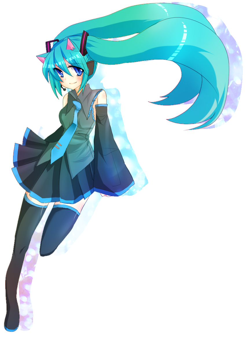 kohaku., kohaku (pixiv321156), kurami (kohaku.), hatsune miku, vocaloid, bad id, bad pixiv id, animal ears, aqua hair, blue eyes, cat ears, detached sleeves, headset, kemonomimi mode, long hair, necktie, skirt, solo, thighhighs, twintails, very long hair