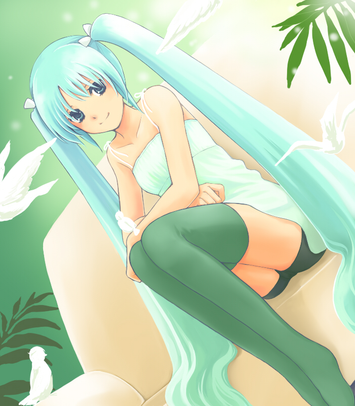 orika, hatsune miku, vocaloid, 1girl, bird, blue eyes, blue hair, couch, dress, female focus, green thighhighs, long hair, matching hair/eyes, sitting, smile, solo, thighhighs, twintails, very long hair