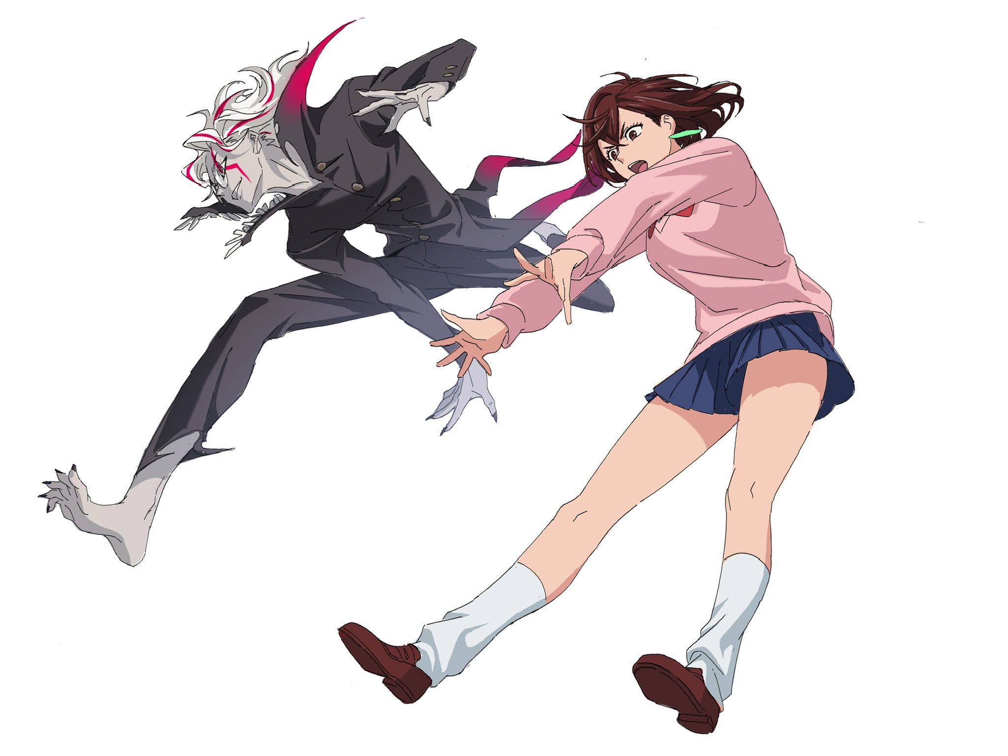 kanknive, ayase momo, takakura ken (dandadan), takakura ken (transformed) (dandadan), dandadan, highres, 1boy, 1girl, barefoot, black jacket, black nails, black pants, blue skirt, bow, bowtie, breasts, brown eyes, brown hair, brown shoes, colored skin, crossed bangs, earrings, facial mark, fighting stance, fingernails, full body, furrowed brow, gakuran, glasses, gold buttons, grey skin, hair between eyes, jacket, jewelry, loafers, long fingernails, long toenails, loose socks, medium breasts, medium hair, multicolored hair, nail polish, open mouth, outstretched arms, pants, parted bangs, parted lips, pink sweater, pleated skirt, red bow, red bowtie, red eyes, red hair, round eyewear, school uniform, sharp fingernails, shoes, short hair, skirt, smile, socks, streaked hair, sweater, teeth, toenails, wavy hair, white background, white hair, white socks