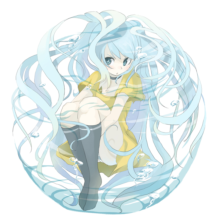 tansuke, hatsune miku, vocaloid, aqua hair, bubble, hugging own legs, long hair, panties, pantyshot, socks, solo, striped clothes, striped panties, underwater, underwear, wet, wet clothes