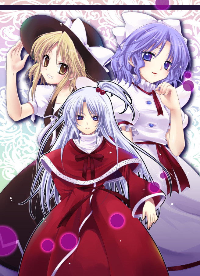 yukian, mai (touhou), shinki (touhou), yuki (touhou), mystic square, touhou, touhou (pc-98), silver hair, bad id, bad pixiv id, 3girls, blonde hair, blue eyes, brown eyes, capelet, dress, female focus, hair bobbles, hair ornament, hat, multiple girls, open mouth, purple hair, side ponytail, smile, witch, yellow eyes