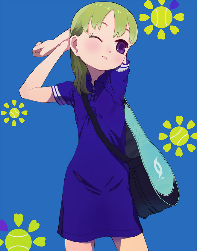 ichikawa, bag, one eye closed, racket, solo, sportswear, tennis racket, tennis uniform, wink