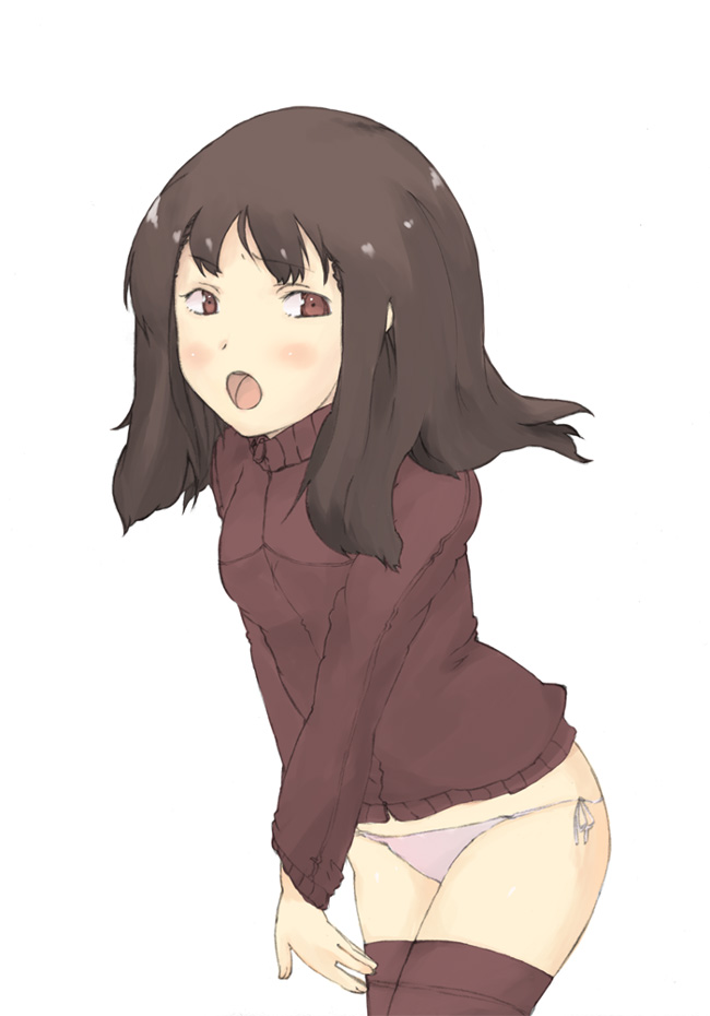 ichikawa, blush, brown eyes, brown hair, panties, solo, sweater, thighhighs, tsundere, underwear, zettai ryouiki