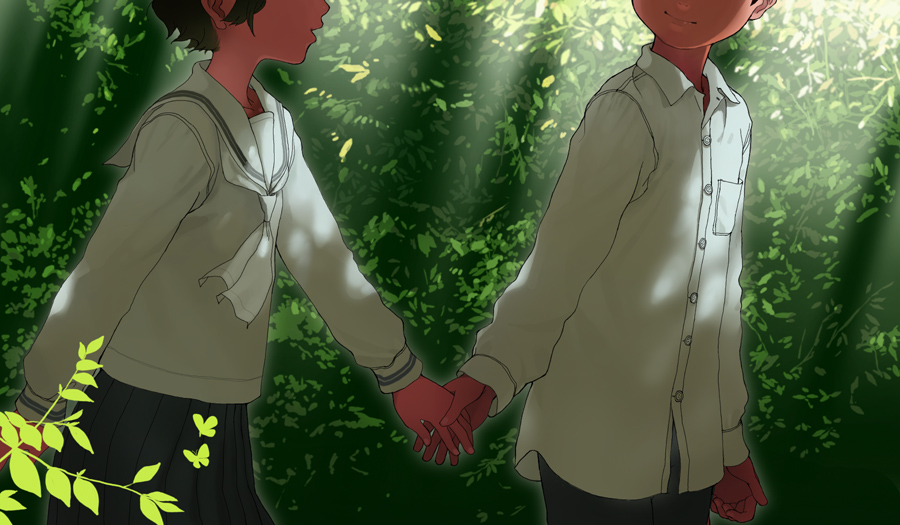 ichikawa, bug, butterfly, holding hands, insect, nature, school uniform, serafuku