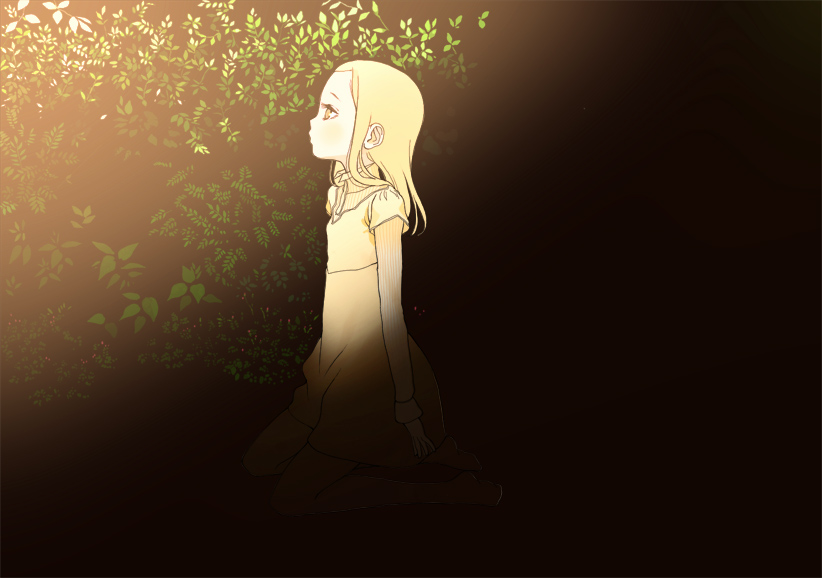 ichikawa, light, tagme, dress, kneeling, plant, solo