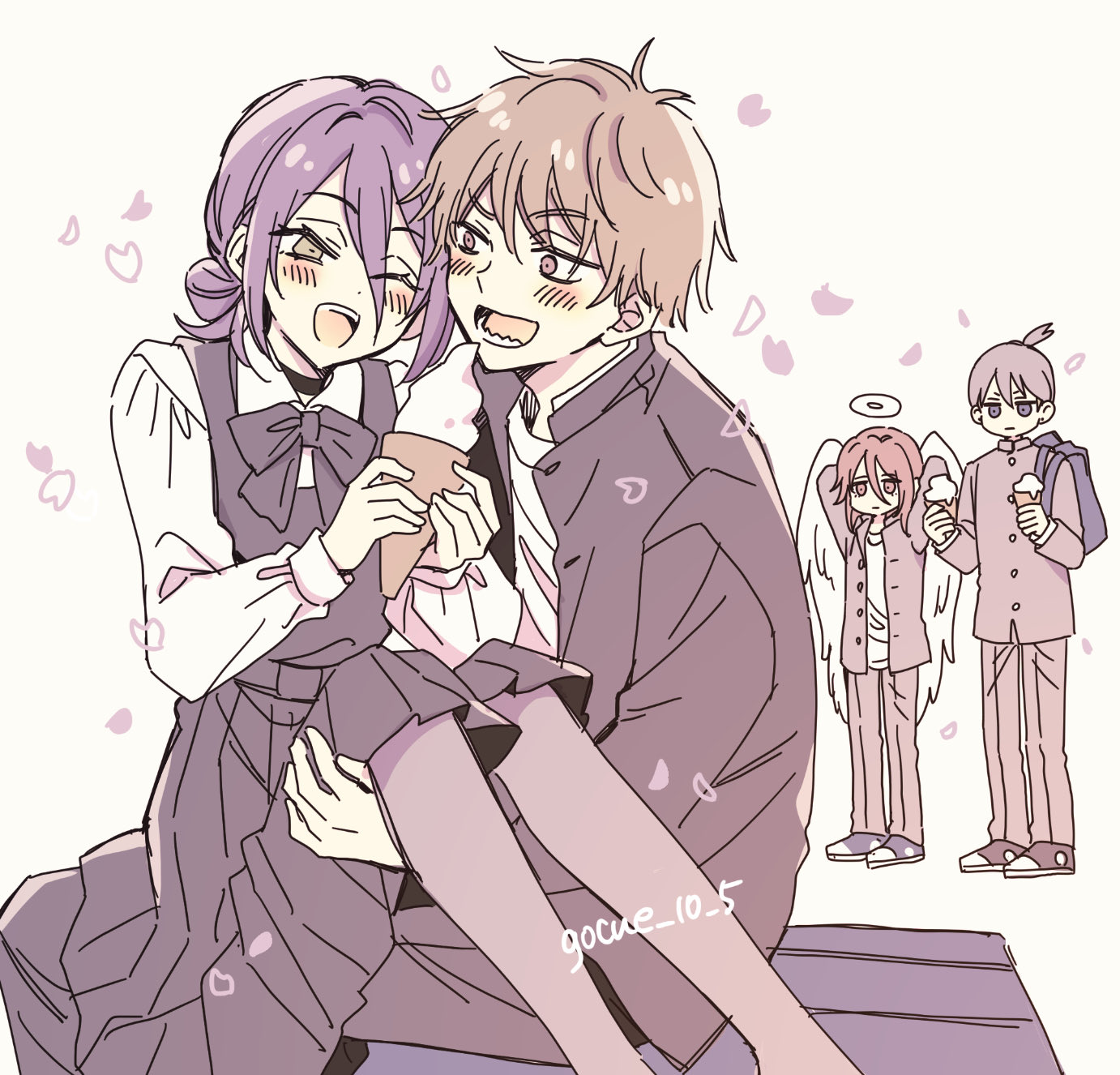 59 (seventhstar), angel devil (chainsaw man), denji (chainsaw man), hayakawa aki, reze (chainsaw man), chainsaw man, highres, 1girl, 3boys, androgynous, angel wings, arms behind head, backpack, bag, black bow, black bowtie, black choker, black dress, black hair, black jacket, black pants, blonde hair, blush, bow, bowtie, brown hair, carrying, choker, collared shirt, couple, dress, falling petals, gakuran, hair between eyes, hair bun, halo, hetero, holding, holding ice cream cone, ice cream cone, jacket, long dress, long hair, looking at another, multiple boys, one eye closed, open mouth, pants, petals, ponytail, princess carry, purple hair, school uniform, sharp teeth, shirt, shirt under dress, shoes, short hair, short ponytail, sitting, sitting on lap, sitting on person, smile, sneakers, teeth, twitter username, white background, wings