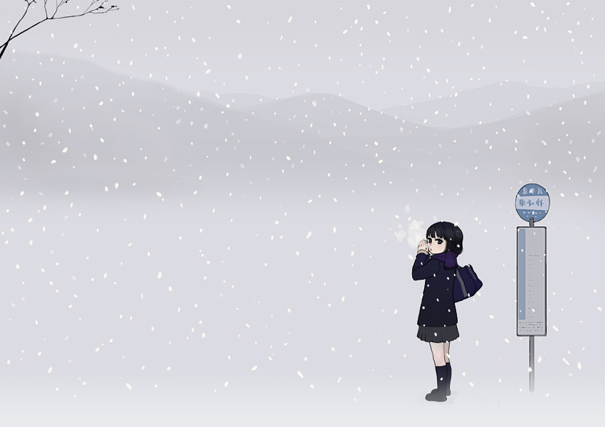 ichikawa, bus stop, coat, hill, scarf, scenery, snow, solo, winter