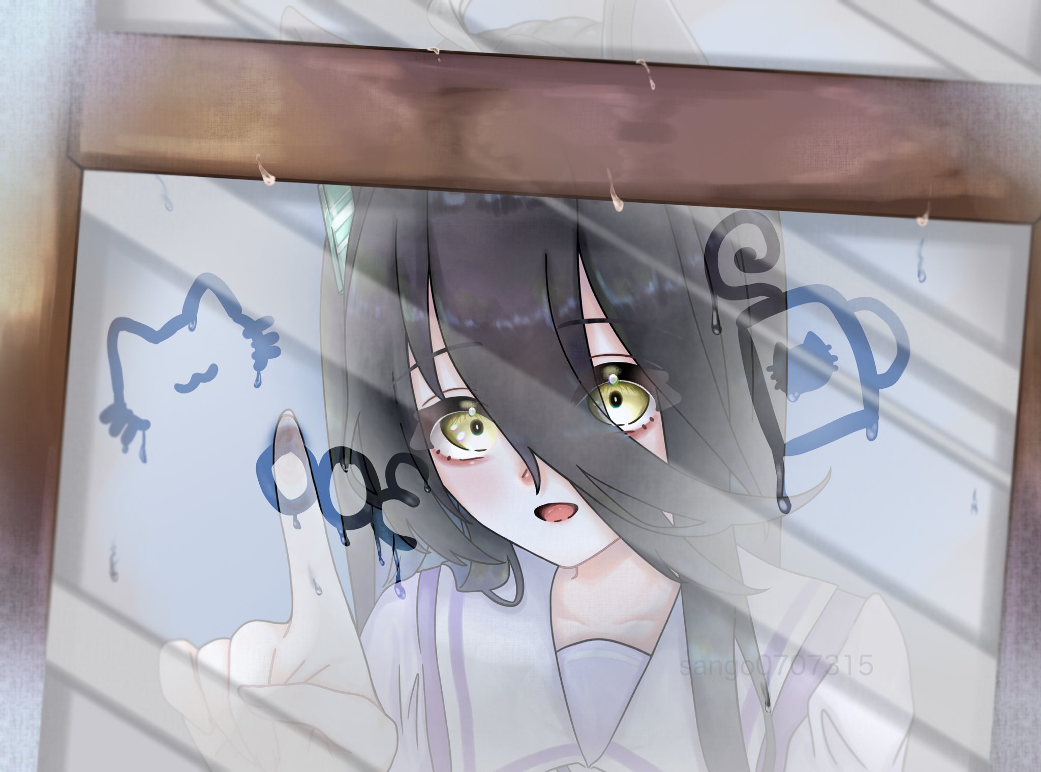 sango0707315, manhattan cafe (umamusume), umamusume, highres, 1girl, cat, condensation, cup, ear tag, finger writing, hair between eyes, long hair between eyes, milestone celebration, mirrored text, open mouth, purple shirt, sailor collar, school uniform, shirt, smile, solo, tracen school uniform, white sailor collar, window fog, yellow eyes