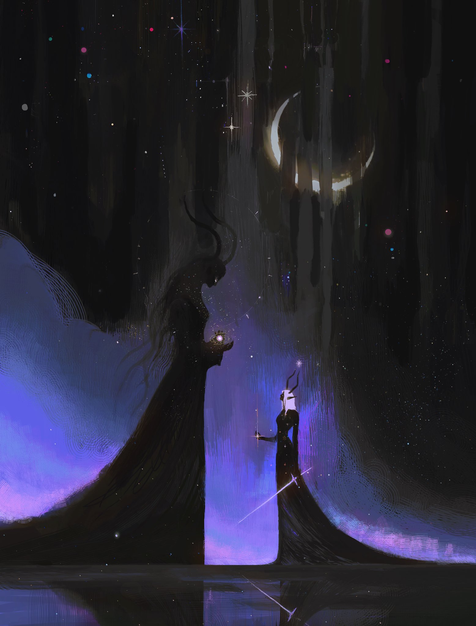 ahad, original, commission, highres, 2others, black skin, colored skin, crescent, holding, holding sword, holding weapon, horns, long hair, looking at another, multiple others, sky, standing, star (symbol), sword, weapon, white hair